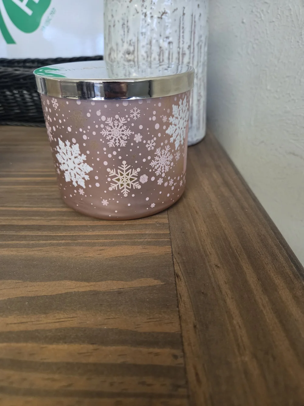 Bath & Body Works Rose Blush Champagne Toast Snowflake Candle Jar Silver Lid
